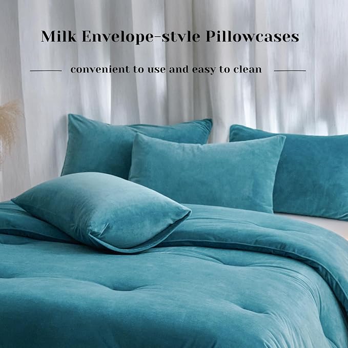 Velvet Comforter Set King Size, Blue Fluffy Velvet 3 Piece, Soft Breathable Luxury Winter Warm Bedding Sets, with 1 Cozy Comforter, 2 Pillow Shams (Teal)