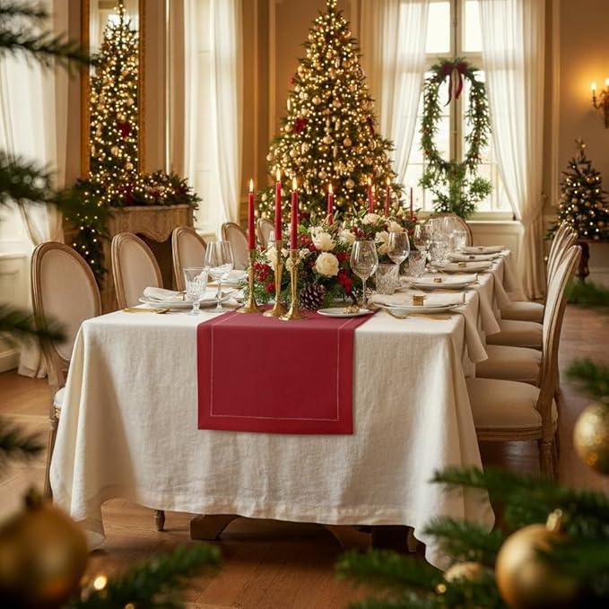D'Moksha Homes Linen Red Table Runner 72 Inches Long - 100% Pure Linen Hemstitch Table Runner 14 x 72 Inch for Dresser, Dining, Winter, Christmas, Holiday - Classic Hemstitch