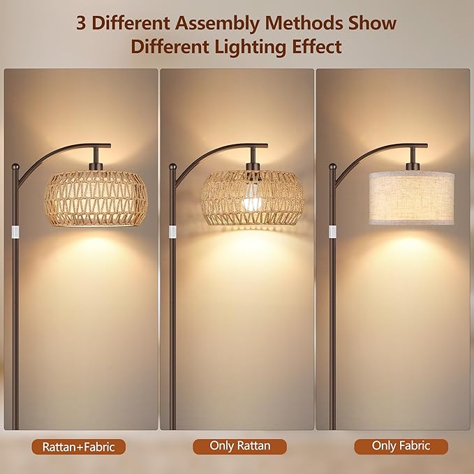 ROTTOGOON Rattan Floor Lamps for Living Room, Boho Standing Lamps with Rattan& Linen Double Shades, Arc Lamps Floor Standing with 9W Bulb, Foot Switch, Bohemian Floor Lamps for Bedroom, Office-Brown