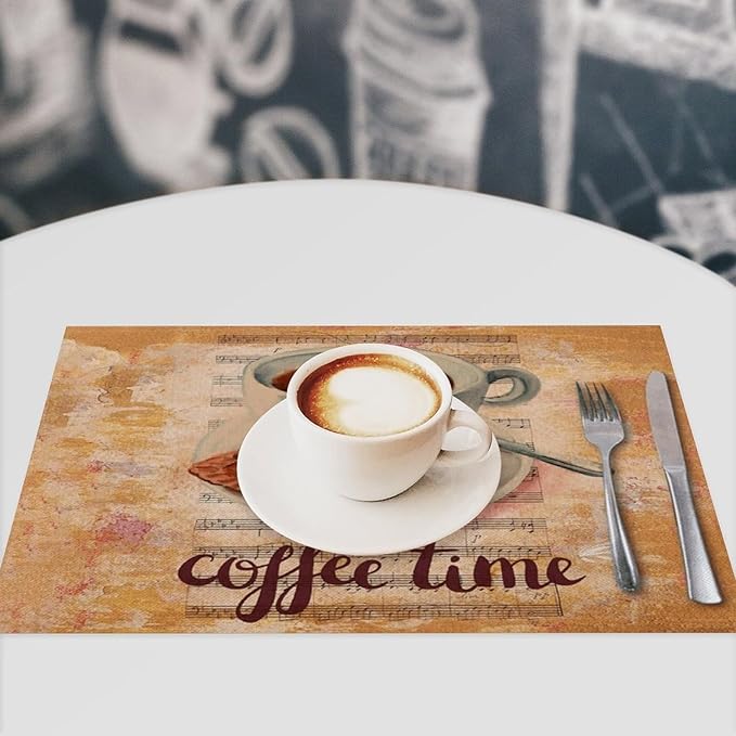 Coffee Time Placemat Set of 4, 12x18 Inch Rustic Coffee Theme Beans Leaves Vintage Farmhouse Washable Heat Resistant Table Mats for Outdoor Farmhouse Kitchen Dining Decor