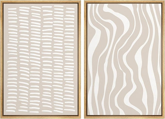 SIGNWIN Framed Canvas Print Wall Art Set Tan White Geometric Stripe Collage Abstract Shapes Cozy Neutral Modern Art Minimal Boho Relax/Calm for Living Room, Bedroom, Office - 24"x36"x2 Natural