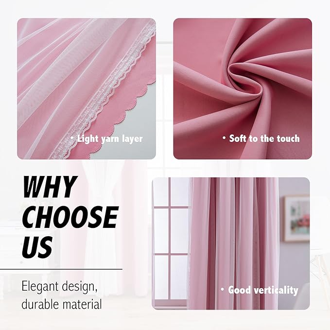 Anytime Home Curtains Blackout and Sheer Layered Solid Window Curtain Panel Pair with Grommet Top, 52Wx84L,Pink
