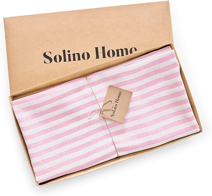 Solino Home Linen Tablecloth 60 x 120 Inch - Amalfi Stripe 100% Pure Linen Cherry Blossom and White Table Cloth for Rectangle Tables - Machine Washable Tablecloth