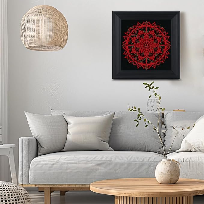 Brivoria Mandala Wall Art Home Decor, Framed Red Ember Glow Mandala Artwork, Modern Spiritual Energy Wall Decor for Living Room Dining Room Hallway or Meditation Space, Warm Decorative Accent, 16x16