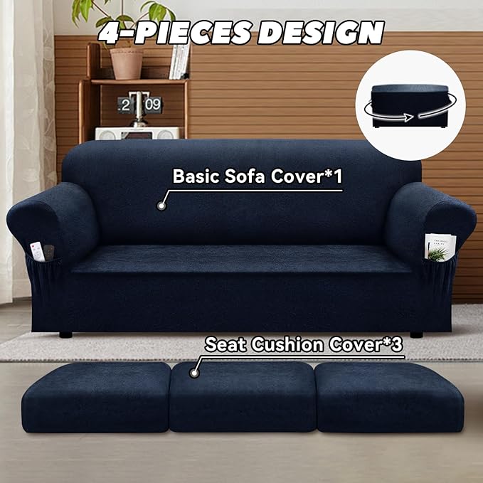 Sofa Slipcover with Armrest Pockets 4-Piece Set, Stretch Faux Leather Couch Cover for 3-Cushion Couches(Fits 72-92") - Non-Slip, Machine Washable, Pet & Kid Friendly - Navy