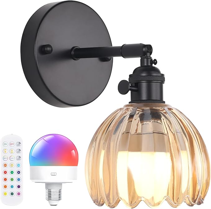 Vintage Battery Operated Wall Sconce with Cute Amber Tulip Glass Lampshade Wireless Rechargeable Battery Powered Black Wall Light with Remote Control for Bedside Bedroom Doorway