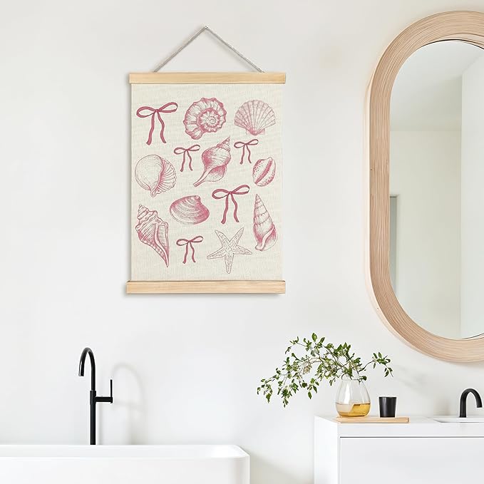 ignytiger Coastal Beach Seashell Wall Art Poster Framed, Ocean Beachy Room Decor Aesthetic, Pink Coquette Bow Seashell Canvas Wall Art Prints for Girly Home Bedroom Decor, 12x16 Inches