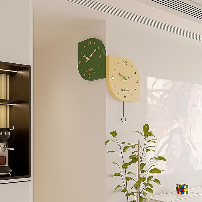 Corner Wall Clock Double Sided with Pendulum, Decorative Silent Clock with 2 Silent Quartz Movement Battery Operated for Indoor Living Room Bedroom Kitchen Office