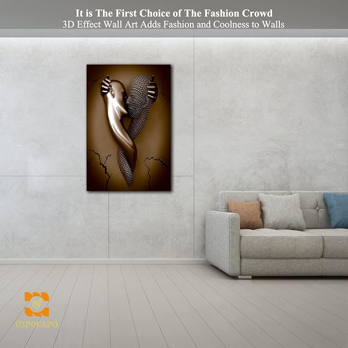 3D Metal Effect Wall Art - 3D Metal Art Wall, Modern Abstract Hug Lovers Painting Picture Poster Prints for Bathroom, Romantic Couple Living Room Canvas Wall Art Framed 28”x40”x1Pcs
