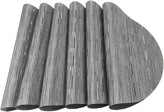 WAZAIGUR Round Placemats Set of 6 Woven Vinyl Easy to Clean Heat Resistant Kitchen Table Mats 15 Inch(Silver Grey 6)