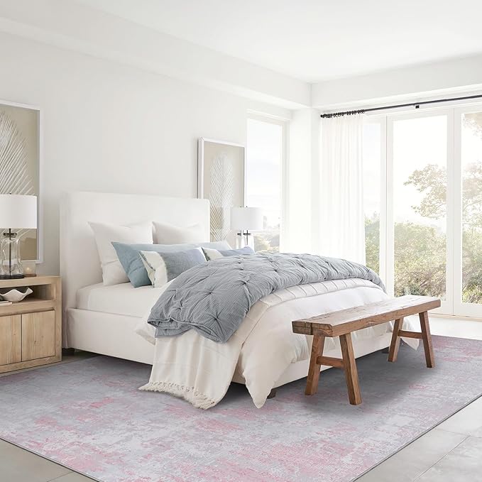 Modern Abstract Area Rug 9x12 Non Slip Non Shedding Rug Low Pile Stain Resistant for Bedroom Living Room,Grey Pink