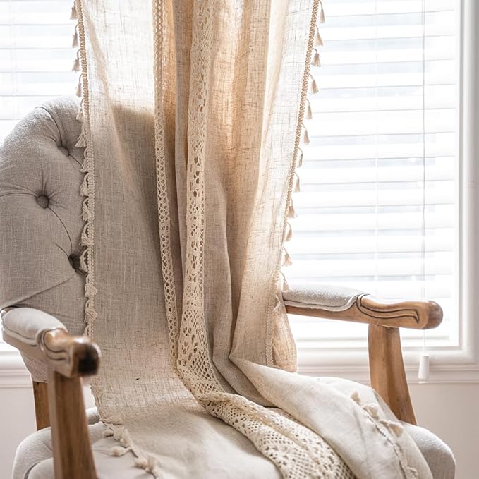 OYX Boho Curtains 63 Inch Length 2 Panels for Living Room, Bedroom Light Filtering Drapes, Farmhouse Vintage Country French Rustic Tassels Pattern Rod Pocket Aesthetic Decor Window Treatments