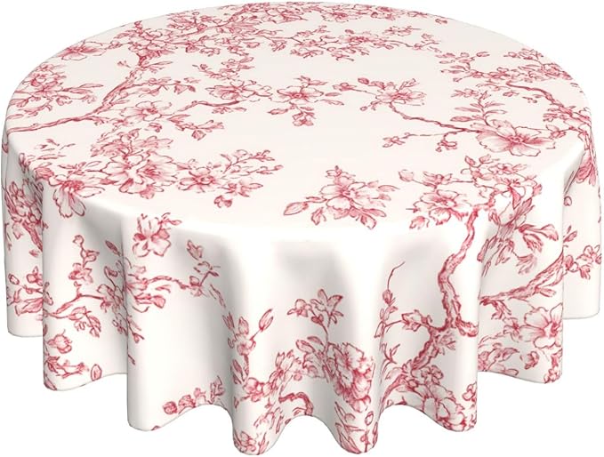 Cherry Blossom Tablecloth, Pink Traditioanal Oriental Chinese Floral Sketch Farmhouse Water Resisitant Wipeable Table Cover for Dining Kitchen Living Room Home Party Holiday Decor 60 inch Round