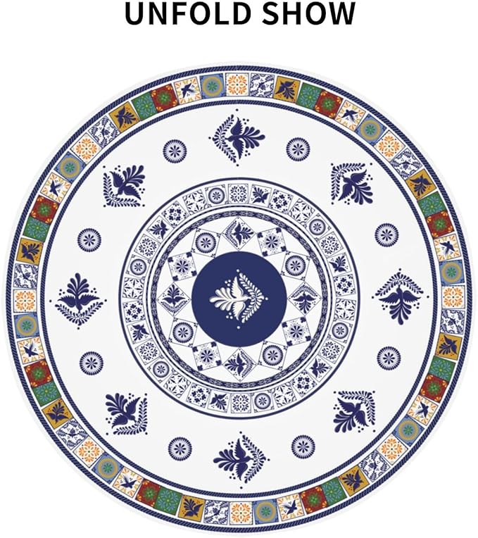 Mexican Round Tablecloth, Floral Bird Talavera Ceramic Tile Dia De Los Muertos Azulejo Mosaic Water Resisitant Table Cover for Dining Kitchen Living Room Home Party Holiday Decor 70 inch Round