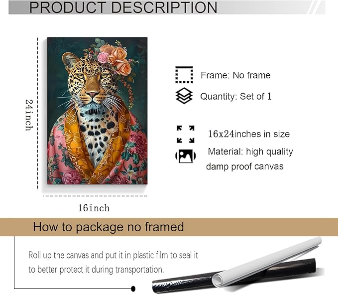 Eeuqiauot Vintage Leopard Canvas Wall Art Funny Animal Painting Elegance Leopard Poster Retro Animal Portrait Prints Wildlife Cheetah Picture Fashionista Trendy Wall Art for Room 16x24inch Unframed