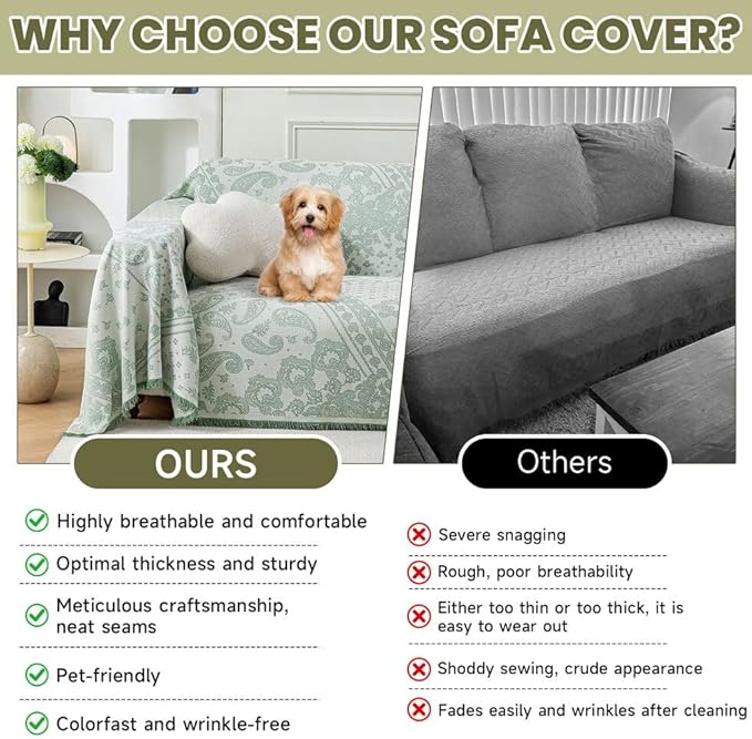 ROOMLIFE Green Sofa Cover, Vintage Boho Couch Cover for 3 Cushion Sofa, Soft Breathable Sofa Cover for Dog, Washable Furniture Sofa Protector Cover Blanket with Tassel for Living Room, 71 '' X 150''