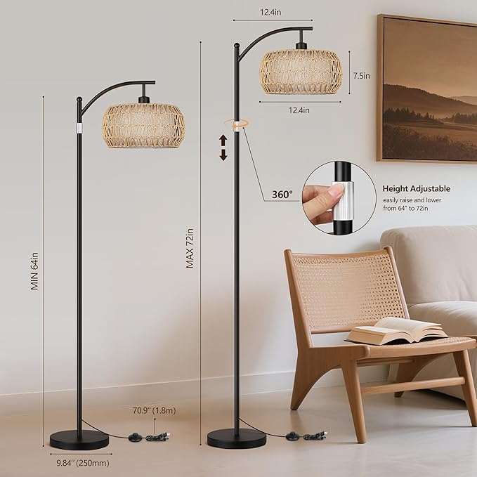 ROTTOGOON Rattan Floor Lamps for Living Room, Boho Standing Lamps with Rattan& Linen Double Shades, Arc Lamps Floor Standing with 9W Bulb, Foot Switch, Bohemian Floor Lamps for Bedroom, Office-Black