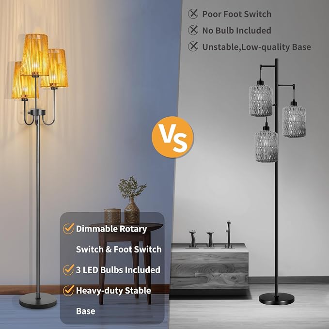 Rattan Floor Lamp for Living Room,3-Light Farmhouse Standing Lamp with Rattan Shades, 65" Tall Rustic Tall Lamps for Bedroom,Office,3 x E26 LED Bulb Included