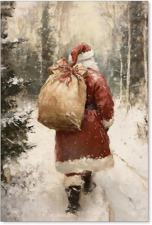 Santa Claus in Winter Forest Poster Vintage Christmas Holiday Canvas Wall Art Cozy Nature Christmas Tree Oil Painting Prints for Cottagecore Bedroom Wall Decor 24x36 inch Unframed