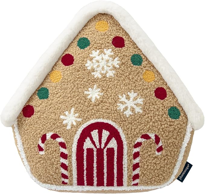 Phantoscope Gingerbread Series House Merry Christmas Throw Pillow, Plush Faux Rabbit Fur Embroidered Teddy Sherpa Gingerbread House Xmas Decorative Shaped Pillow, Beige, 12x13 in