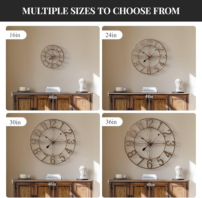 Wall Clock, 16 Inch Bronze Metal Wall Clock Silent Non-Ticking Battery Operated, Large Round Retro Arabic Numerals Analog Decorative Clocks for Living Room Kitchen Mantel Office