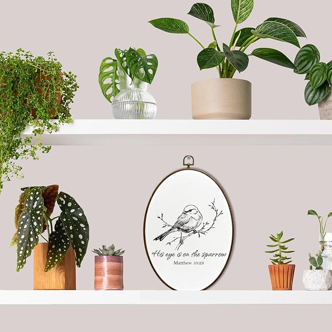 JQF Bird Oval Wall Decor, Farmhouse Rustic Sparrow Floral Oval Canvas Wall Art, Cottagecore Bird on Floral Branch Framed Prints Hanging Decor for Home Bedroom Living Room, 8.5x11.5 Inch