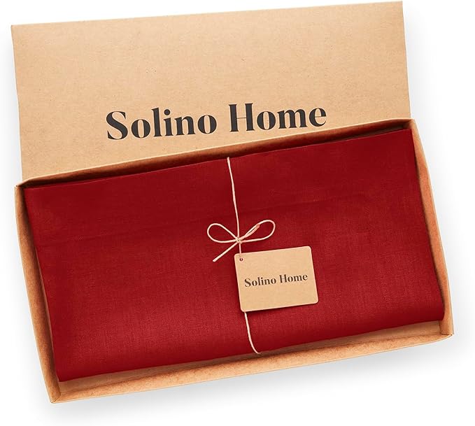 Solino Home Linen Red Square Tablecloth 52 x 52 Inch - 100% Pure Linen Table Throw - Fete, Machine Washable Table Cloth for Christmas, Holiday, Winter