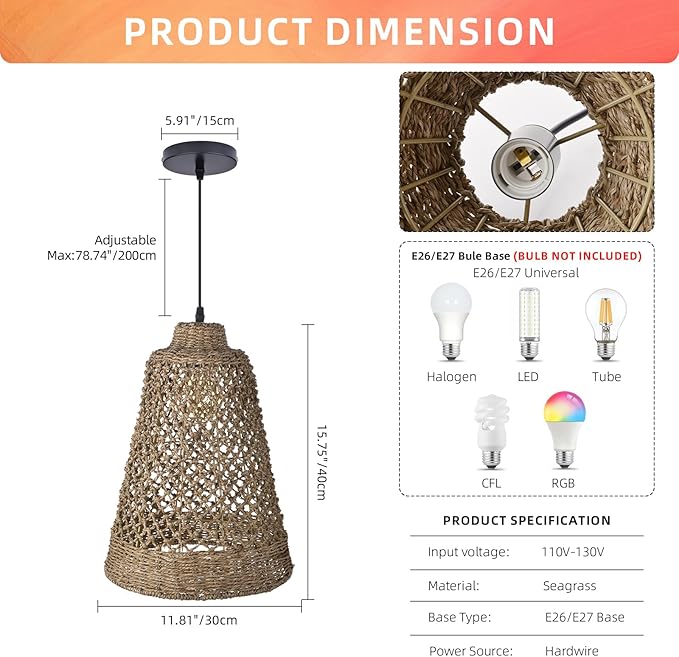 Arturesthome Wicker Pendant Light Fixture Basket Rattan Chandelier Handmade Pendant Lighting for Dining Table Restaurant Foyer D 11.8″* 15.7″