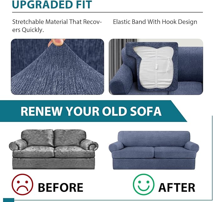 3 Piece T Cushion Sofa Slipcovers Stretch Couch Cover Furniture Covers with 2 Individual T Cushion Covers, Machine Washable for Living Room (Blue Gray, 2 Cushions)