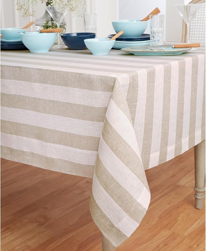 Solino Home Linen Tablecloth 60 x 120 Inch - Cabana Stripe 100% Pure Linen Natural and White Table Cloth for Rectangle Tables - Machine Washable Tablecloth for Fall, Autumn, Thanksgiving, Christmas