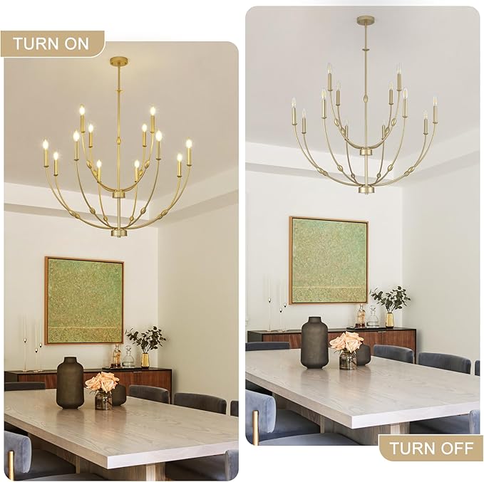 Large Gold Chandelier Light Fixture, 2 Tier 12-Lights Long Chandeliers for High Ceilings, Modern Candle Chandelier for Living Room Foyer Entryway