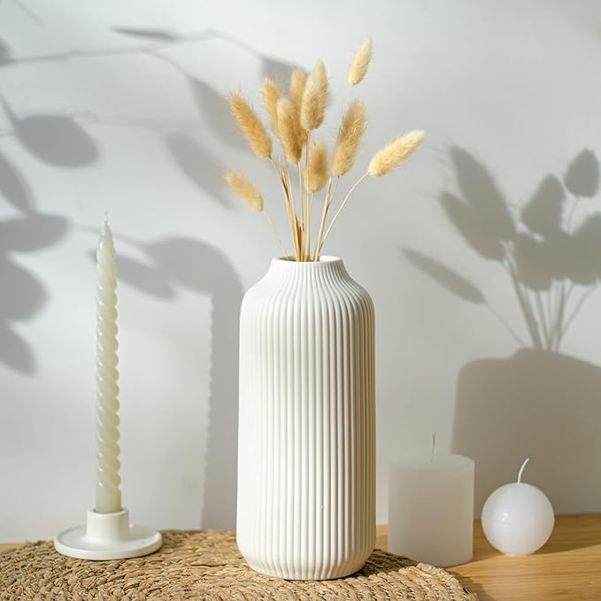 Ceramic Vase in Nordic Style, Decovase Large for Pampas Grass as Boho Deco, Vase White Matt 10 inch for Flowers, Scandinavian Design Home Decoration for Fresh Flowers, Dried Flowers (Size L)