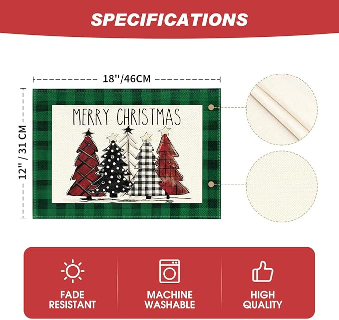 Artoid Mode Waterclor Green Buffalo Plaid Christmas Trees Placemats Set of 4, 12x18 Inch Winter Table Mats for Outdoor Home Party Kitchen Dining Decor
