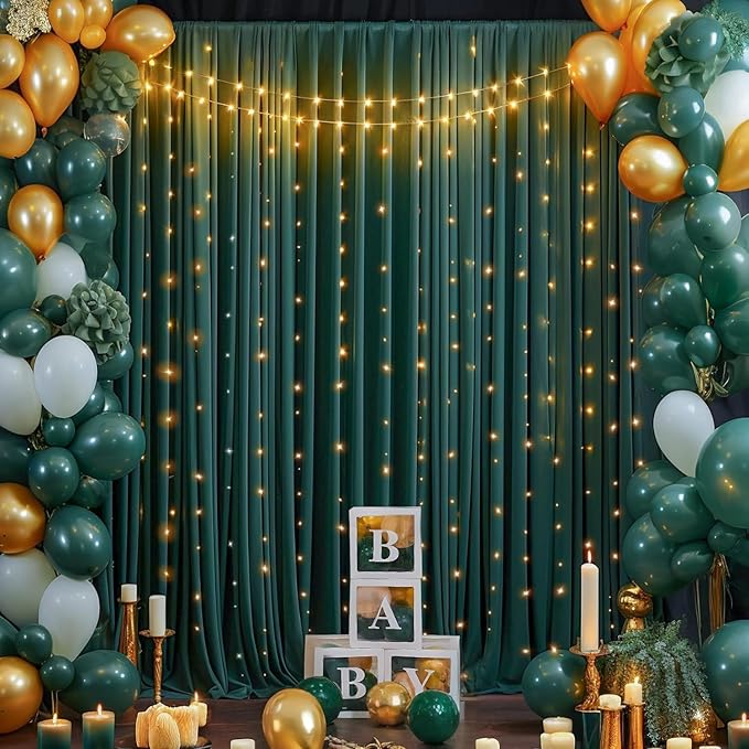 40ft x 10ft Wrinkle Free Hunter Green Backdrop Curtains for Parties, 8 Panels Polyester Green Photo Backdrop Drapes for Wedding Jungle Birthday Party Photography Background Stand