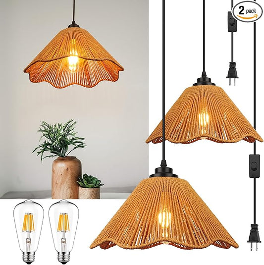 Plug in Pendant Light, Rattan Hanging Lights with Plug in Cord 13FT Hemp Black Cord, On/Off Switch Chandelier for Boho Living Room Bedroom Kitchen（Bulb Included） Brown-12 x 6 inch - 2 Pack