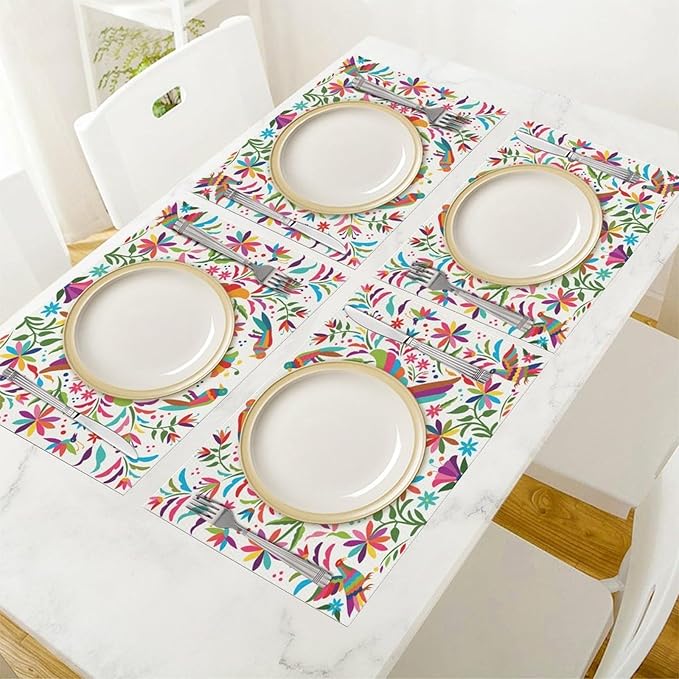Mexican Placemat Set of 4, 12x18 Inch White Mexico Floral Fiesta Birds Talavera Dia De Los Muertos Day of The Dead Coffee Table Mats for Outdoor Kitchen Dining Table Decoration