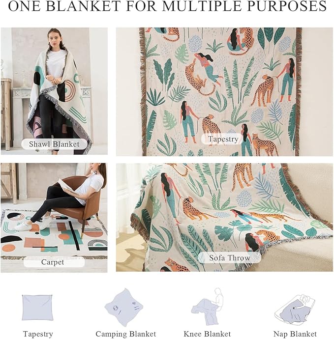 Double-Sided Cotton Woven Throw Blanket with Tassel Jungle Bohemian Style Tapestry Shawl Multi-Function Decorative Throws for Sofa Bed Armchair Camping Blanket Tablecloth Carpet 160x130cm