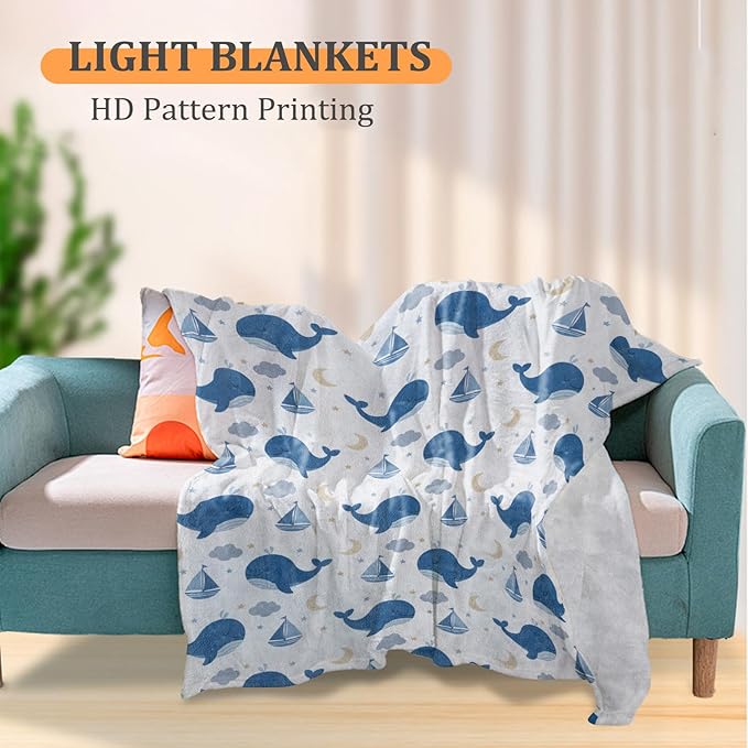 Cute Whale Blanket, Nautical Ocean Theme 60 x 50 Inch Flannel Throw Blanket, Gifts for Women Kids, Lightweight Cozy Warm Blankets for Sofa Travel Home Decor