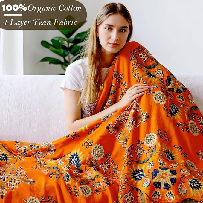 Boho Large Throw Blanket, 100% Organic Muslin Cotton Breathable Soft Bed Throw - Floral Farmhouse Decor Blanket for Sofa Couch Chair and Gift. 80" x 90"- Orange