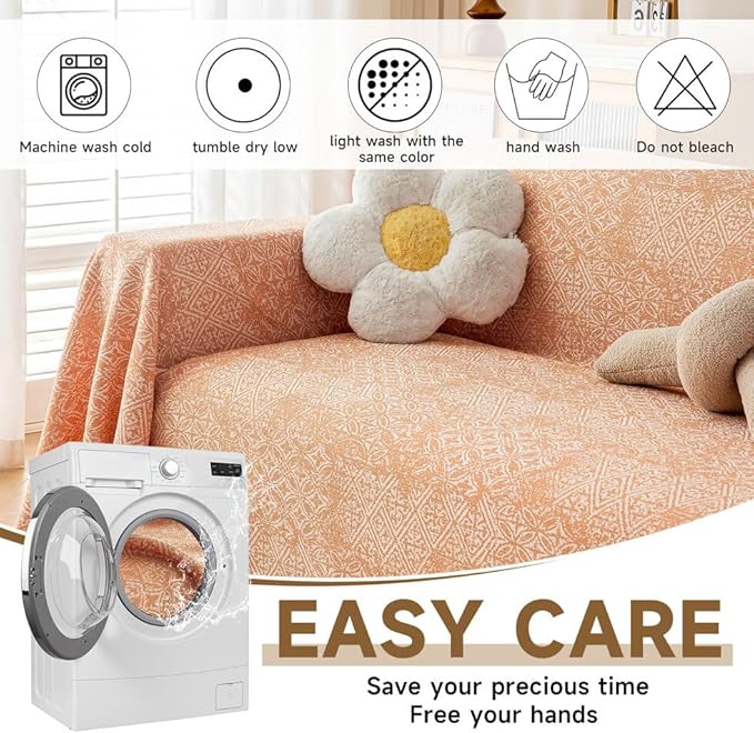 ROOMLIFE Orange Couch Cover Boho Sofa Covers for 3 Cushion Couch Washable, Furniture Protector Sofa Couch Cover for Dogs, Soft Breathable Sofa Slipcover, Couch Throw Blankets with Tassels 71''X118''