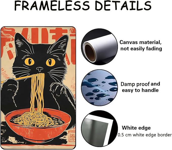Eeuqiauot Japanese Cat Canvas Wall Art Cat Eating Ramen Poster Ramen Noodles Wall Art Vintage Black Cat Painting Cute Kittey Pictures Japanese Black Cat Prints for Kitchen Decor 16x24inch Unframed