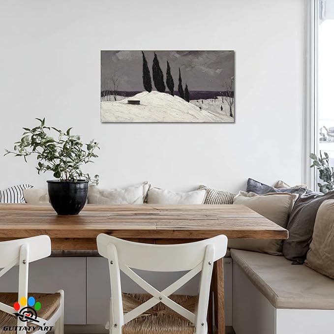 GUTTATY Christmas Winter Scene Canvas Wall Art, Snowy Landscape Canvas Pictures, Moody Cypress Trees Wall Paintings, Subtle Gray Poster Prints for Living Room Decor, Home Office Artwork, 16x8 Inch