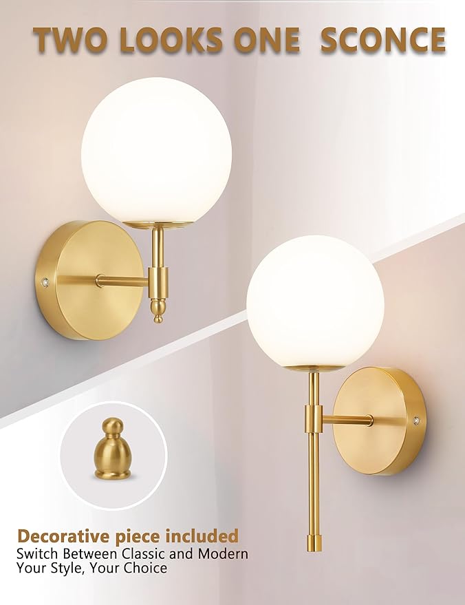 Battery Operated Globe Wall Sconces Set of 2, Brushed Gold Wireless Wall Lights with Remote Control, Rechargeable 3 Color Stepless Dimming Modern Wall Decor Lamp for Bedroom Living Room Hallway