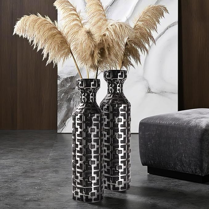 24.4 inch Tall Floor Vases Set of 2. Black Vase with Silver Geometric Patterns, Ceramics Modern Flower Vases for Living Room, Entryway, Indoor/Outdoor Decor, Large Vase for Home Decor