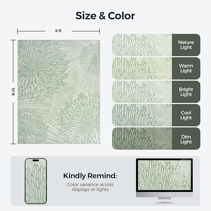 WITSHOCK Living Room Area Rugs 8x10: Boho Light Green Rug for Bedroom Kids Room Neutral Modern Soft Thin Large Carpet Non-Slip Stain Resistant Low Pile Decor（Green,8'x10'