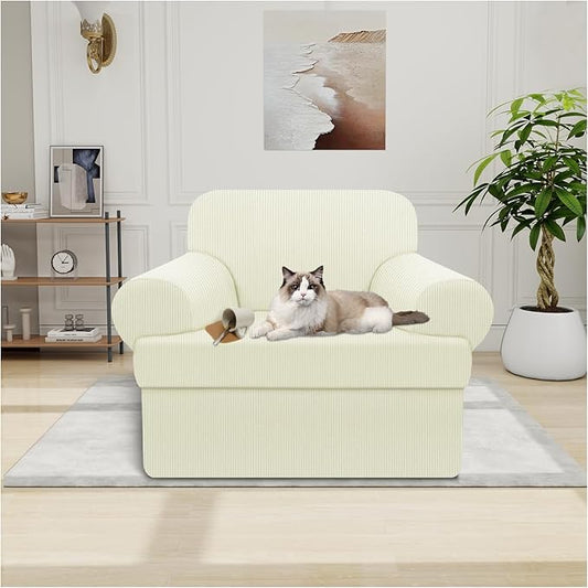 Waterproof Chair Cover with Arms 2-Piece Set Striped Slipcover for 1 Separate T Cushion Couch - TPU Fabric Armchair Covers Leakproof Couch Protector for Kids, Pets(Chair, Ivory)