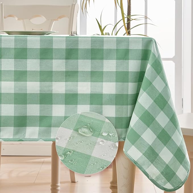 BALCONY & FALCON Gingham Table Cloth Rectangle – Reversible Water-Resistant Cotton Checkered Tablecloth for Outdoor Picnic, Camping, Kitchen, Holiday Party Decor (Green White, 55x71 Inch)