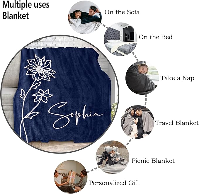 Ships Next Day, Personalized Christmas Birthday Blanket Gifts for Women, Custom Blanket with Name and Birth Month Flowers, Personalized Blankets for Adults, Throw Blanket for Mom Grandma