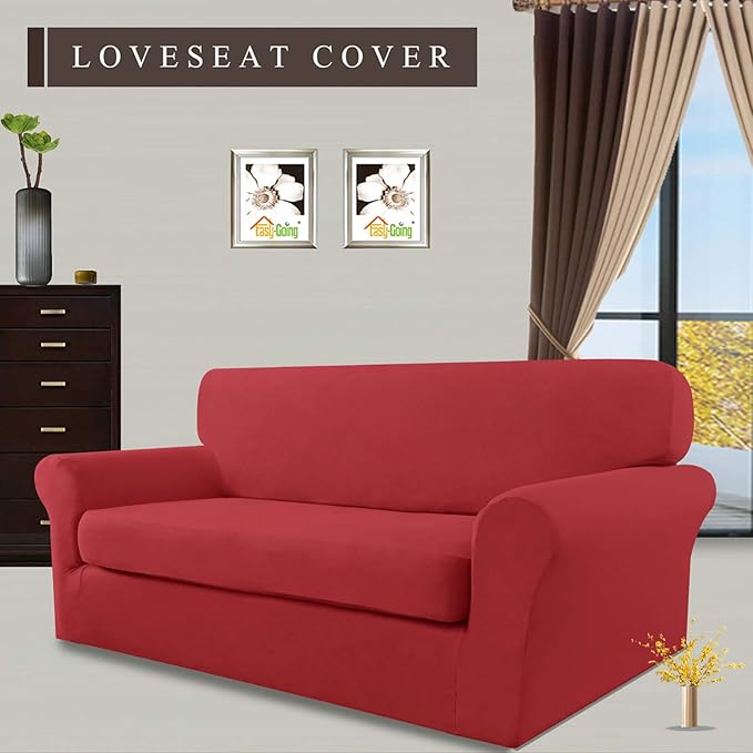 Easy-Going 2 Pieces Microfiber Stretch Sofa Slipcover – Spandex Soft Fitted Sofa Couch Cover, Washable Furniture Protector with Elastic Bottom Kids, Pet (Loveseat, Christmas Red)