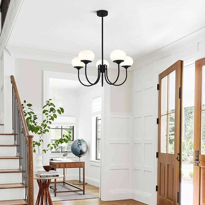 BOKT 5 Lights Mid Century Chandelier Light Fixture Black Sputnik Pendant Lights Milk Glass Globe Chandelier Adjustable Modern Farmhouse Dining Room Sputnik Kitchen Island Lighting BPL01-BK-5